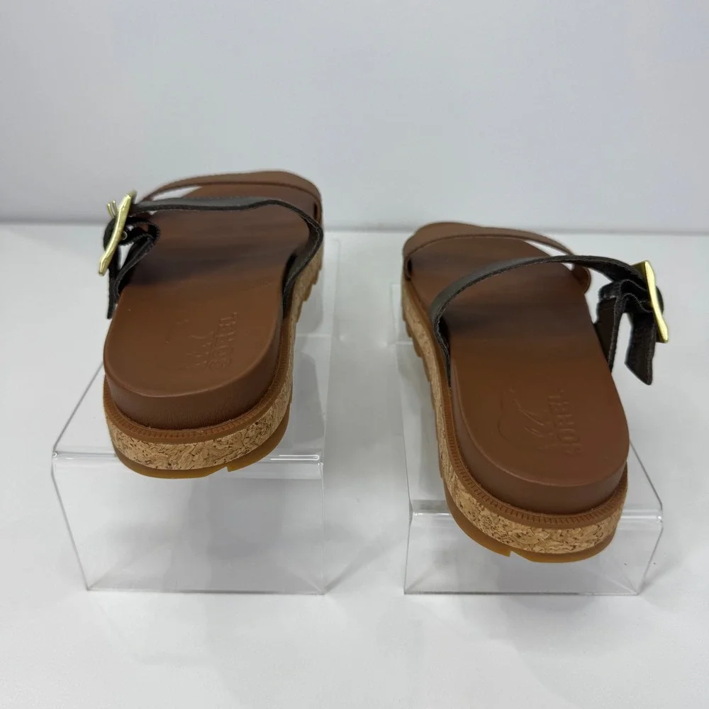 SOREL Roaming Buckle Slide Sandals Women 7.5 Velvet Tan Black Leather Minimalist